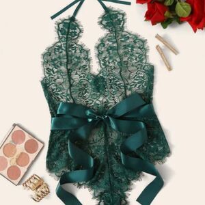 Sexy Green Lace Teddy Lingerie Outfit with Bow Tie